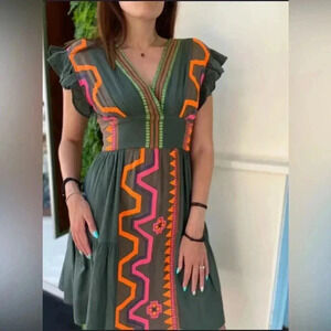 Nema Resort Wear Embroidered Ruffle Cap Sleeve Midi Dress Size Sm